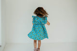 Little Girl's Blue Sufganiyot and Gelt Print Ruffle Collar Hanukkah Dress