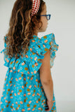 Little Girl's Blue Sufganiyot and Gelt Print Ruffle Collar Hanukkah Dress