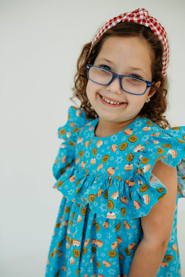 Little Girl's Blue Sufganiyot and Gelt Print Ruffle Collar Hanukkah Dress