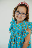 Little Girl's Blue Sufganiyot and Gelt Print Ruffle Collar Hanukkah Dress