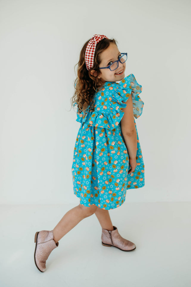 Little Girl's Blue Sufganiyot and Gelt Print Ruffle Collar Hanukkah Dress