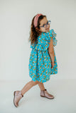 Little Girl's Blue Sufganiyot and Gelt Print Ruffle Collar Hanukkah Dress