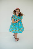 Little Girl's Blue Sufganiyot and Gelt Print Ruffle Collar Hanukkah Dress