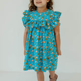 Little Girl's Blue Sufganiyot and Gelt Print Ruffle Collar Hanukkah Dress