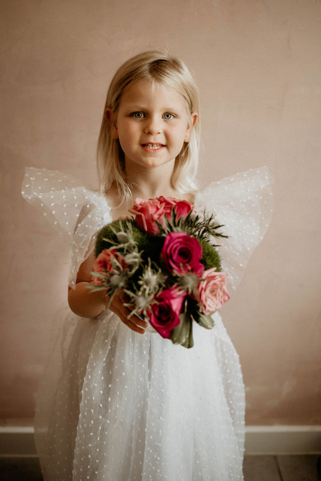 Little Girl's White Swiss Dot Tulle V Back Flower Girl Dress