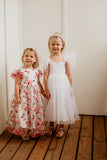 Little Girl's Pink and Orange Rose Floral Tulle Flower Girl Dress