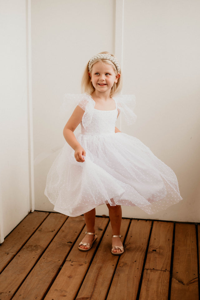 little girls white designer flower girl dress