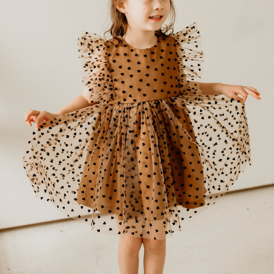 Girl's Black and Brown Tulle Hearts Valentine's Day Twirl Dress