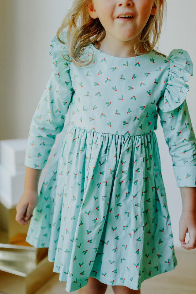 little girls turquoise blue holly print christmas dress