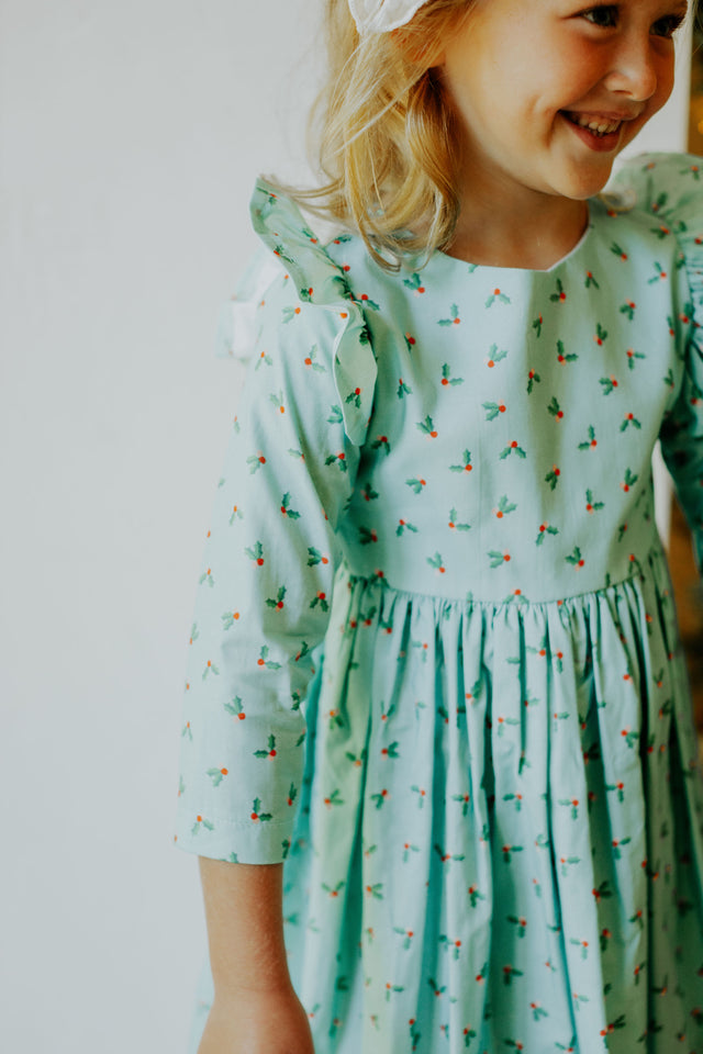 little girls turquoise blue holly print christmas dress
