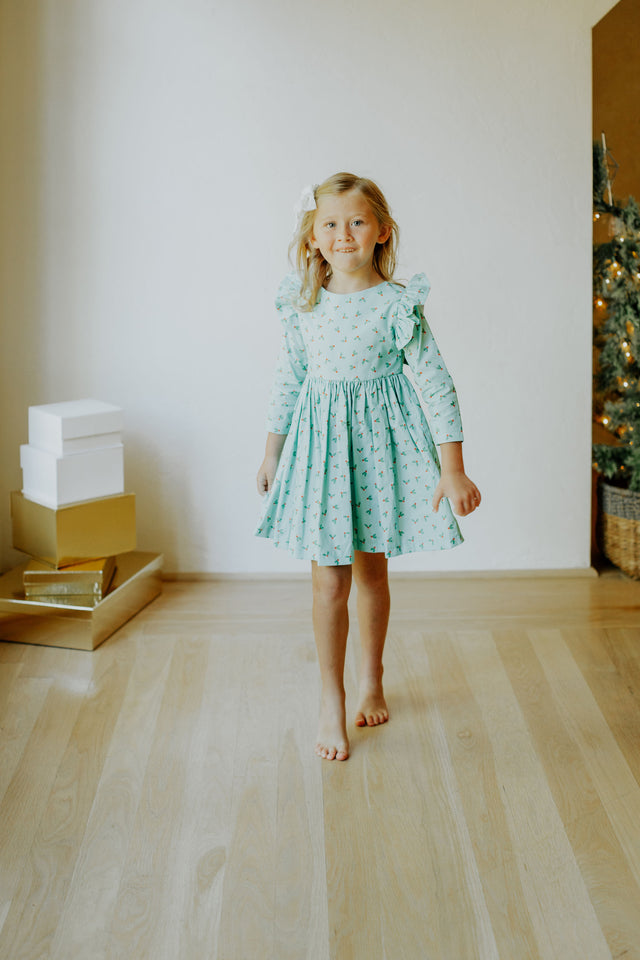 little girls turquoise blue holly print christmas dress