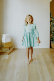 little girls turquoise blue holly print christmas dress