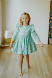 little girls turquoise blue holly print christmas dress