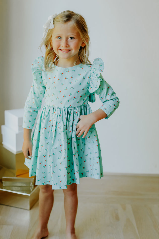 little girls turquoise blue holly print christmas dress