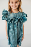 Little Girl's Shimmery Turquoise Ruffle Collar Shift Dress