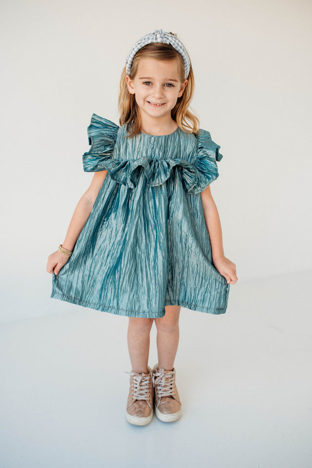 Little Girl's Shimmery Turquoise Ruffle Collar Shift Dress