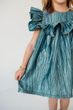 Little Girl's Shimmery Turquoise Ruffle Collar Shift Dress
