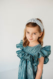 Little Girl's Shimmery Turquoise Ruffle Collar Shift Dress