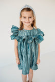 Little Girl's Shimmery Turquoise Ruffle Collar Shift Dress