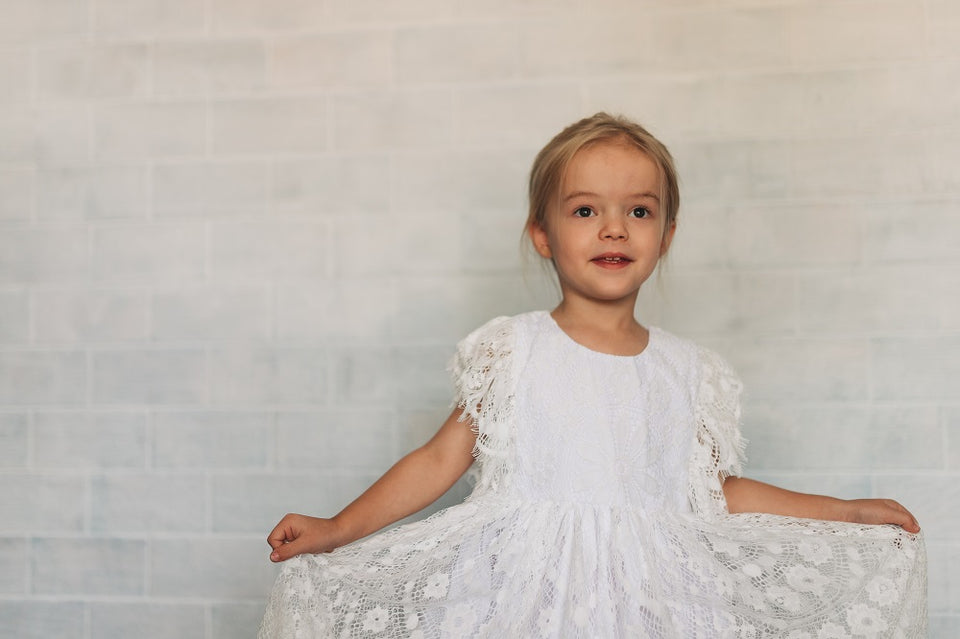 Little Girl's Ivory Floral Chantilly Lace Scalloped Hem Special Occasion Dress