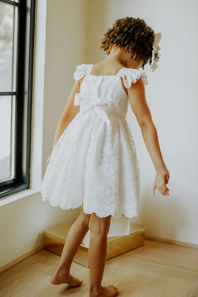 little girls white lace scalloped edge flower girl dress