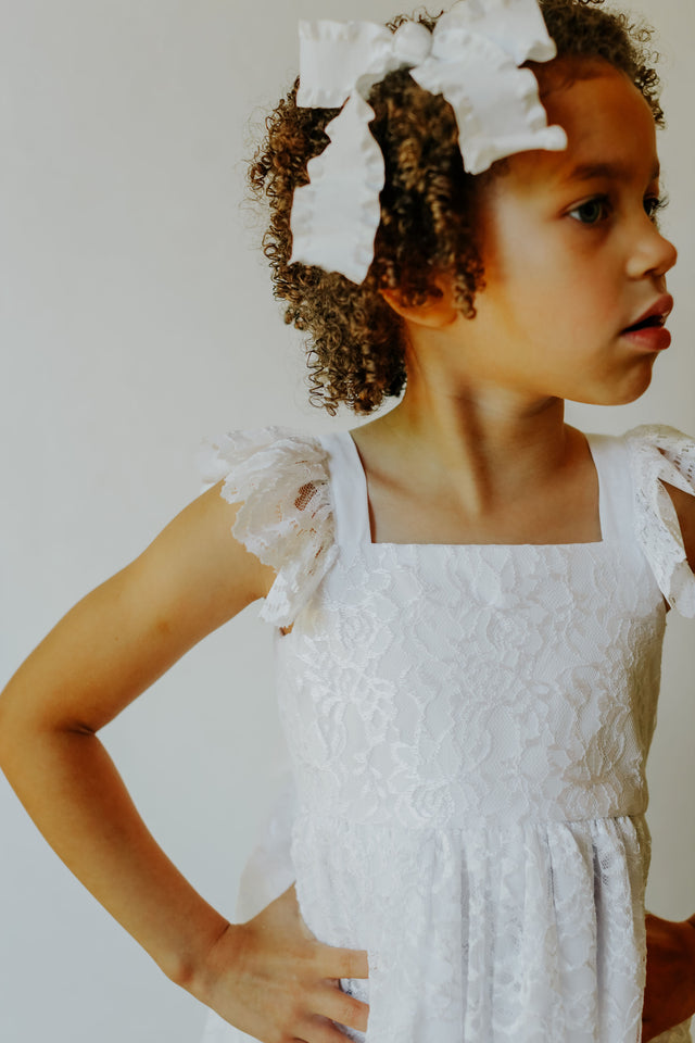 little girls white lace scalloped edge flower girl dress