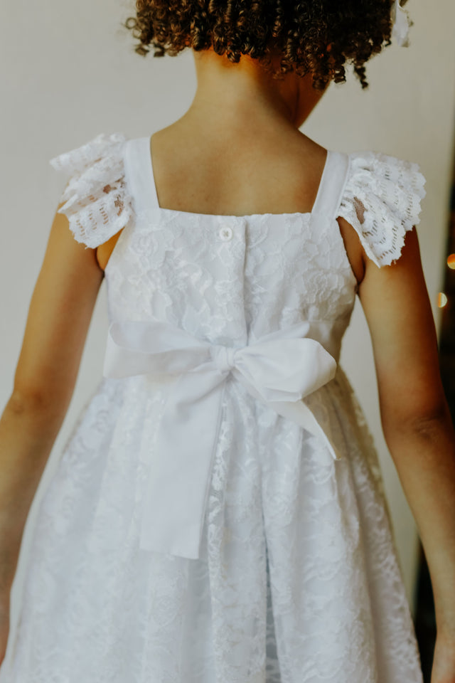 little girls white lace scalloped edge flower girl dress