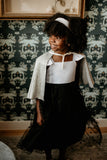 Little Girl's White Satin and Black Polka Dot Tulle Flower Girl Dress