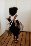 Little Girl's White Satin and Black Polka Dot Tulle Flower Girl Dress