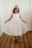 Little Girl's White Satin and White Floral Lace Flower Girl Dress