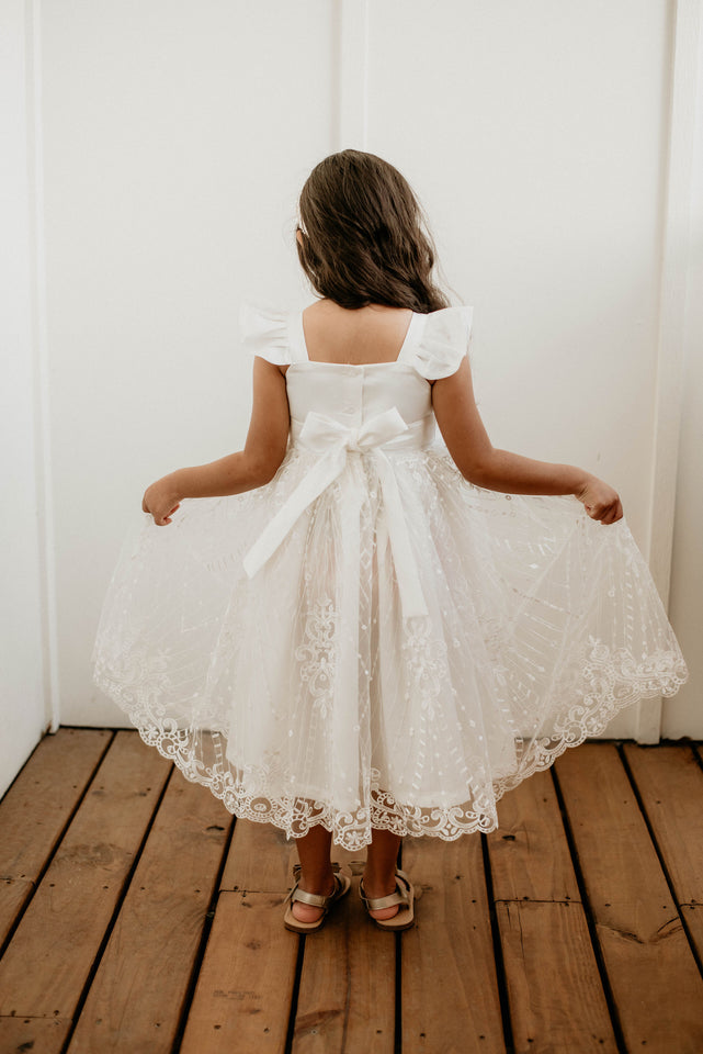 Little Girl's White Satin and White Floral Lace Flower Girl Dress