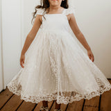 Little Girl's White Satin and White Floral Lace Flower Girl Dress
