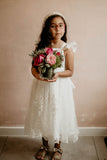 Little Girl's White Satin and White Floral Lace Flower Girl Dress