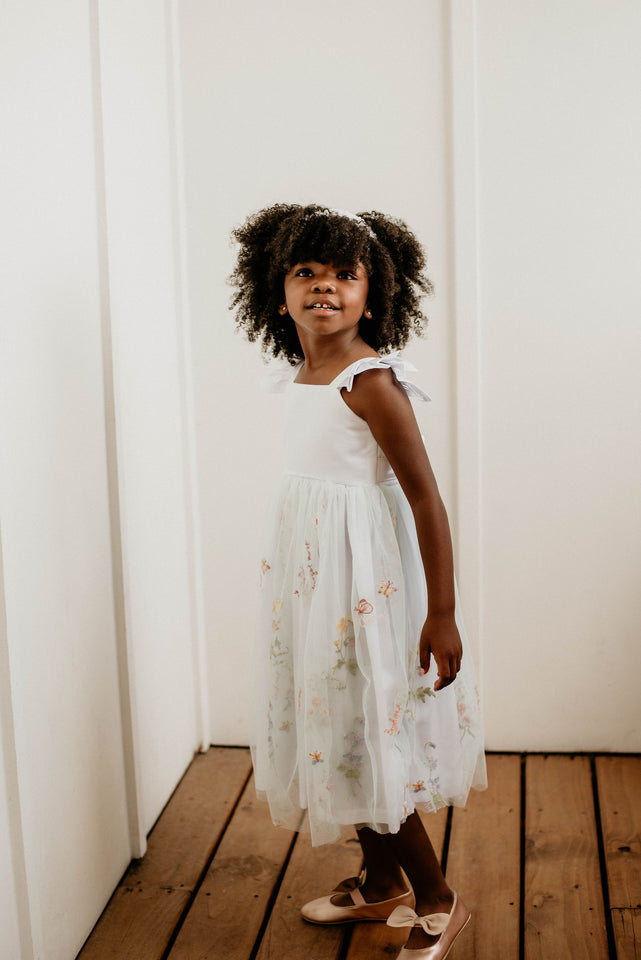 Little Girl's White Satin and Mint Floral Tulle Flower Girl Dress