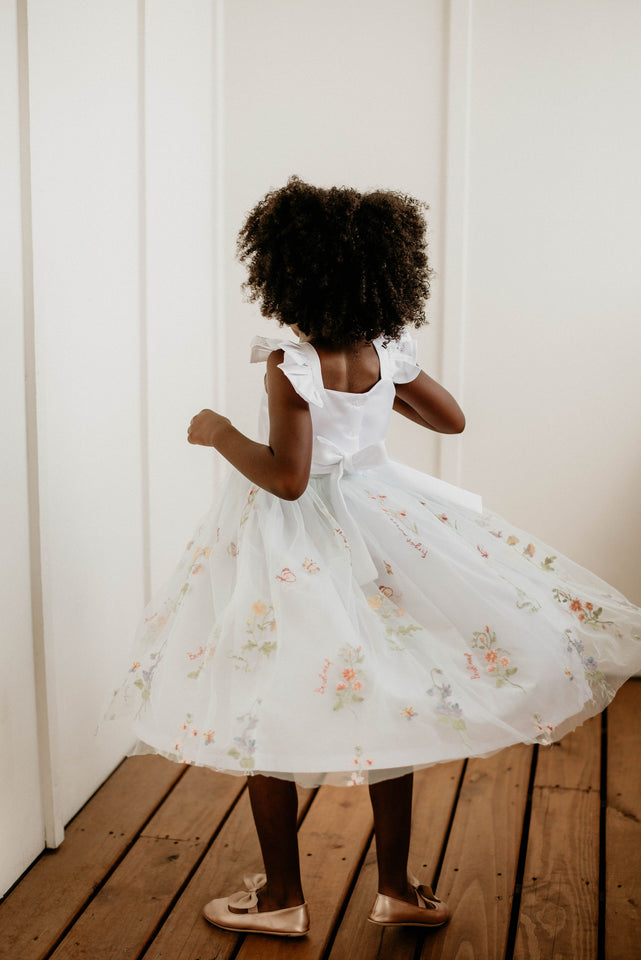 Little Girl's White Satin and Mint Floral Tulle Flower Girl Dress