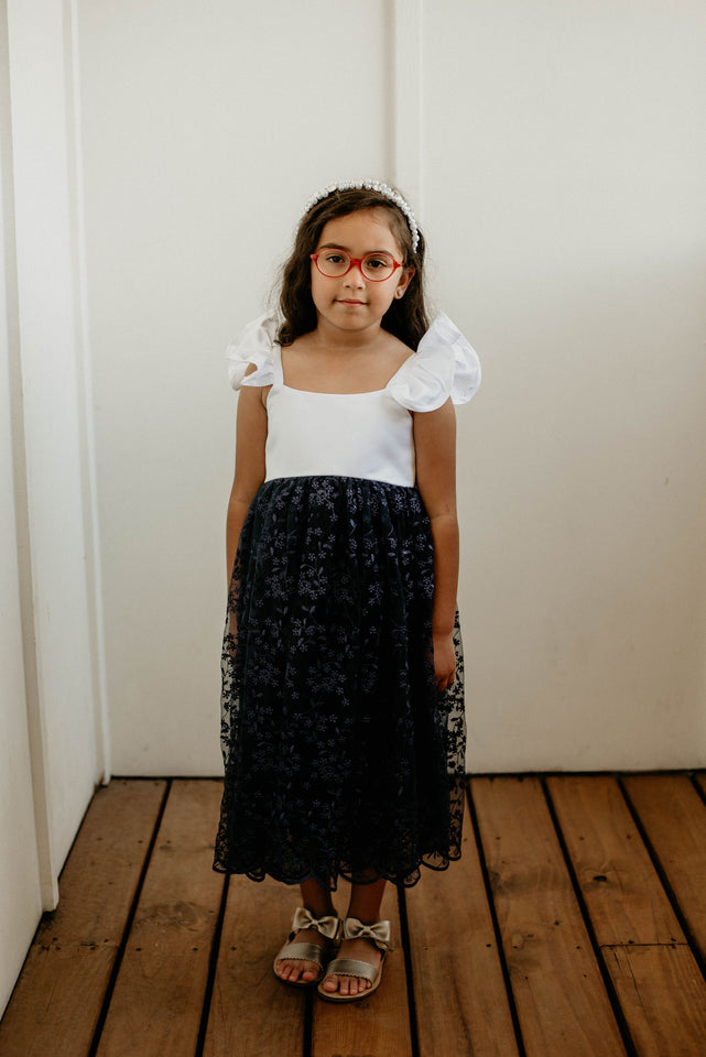 Little Girl's White Satin and Navy Floral Tulle Flower Girl Dress