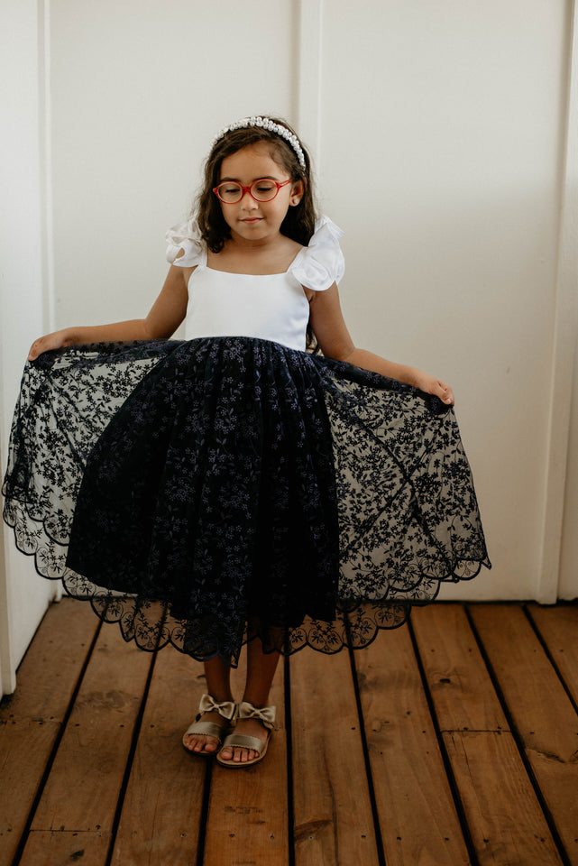 Little Girl's White Satin and Navy Floral Lace Flower Girl Dress