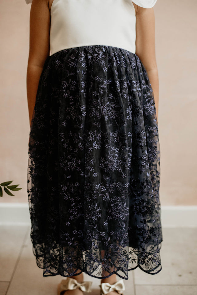 Little Girl's White Satin and Navy Floral Tulle Flower Girl Dress