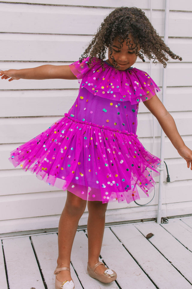 Girl's Purple Confetti Tulle Polka Dot Party Dress