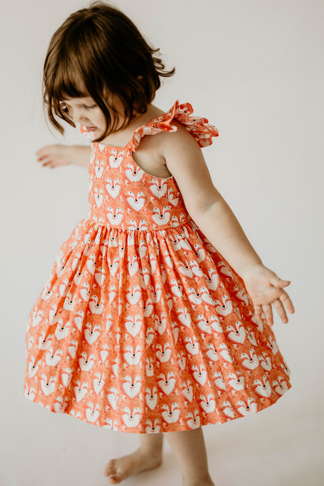 Girl's Woodland Fox Print Cotton Flutter Sleeve Dress