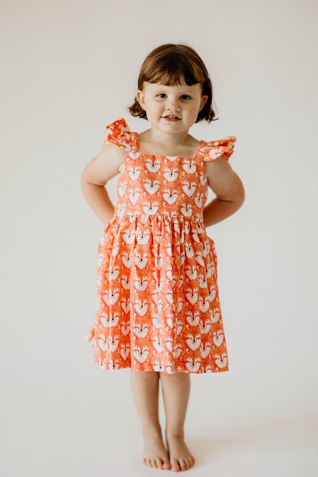 Girl's Woodland Fox Print Cotton Flutter Sleeve Dress