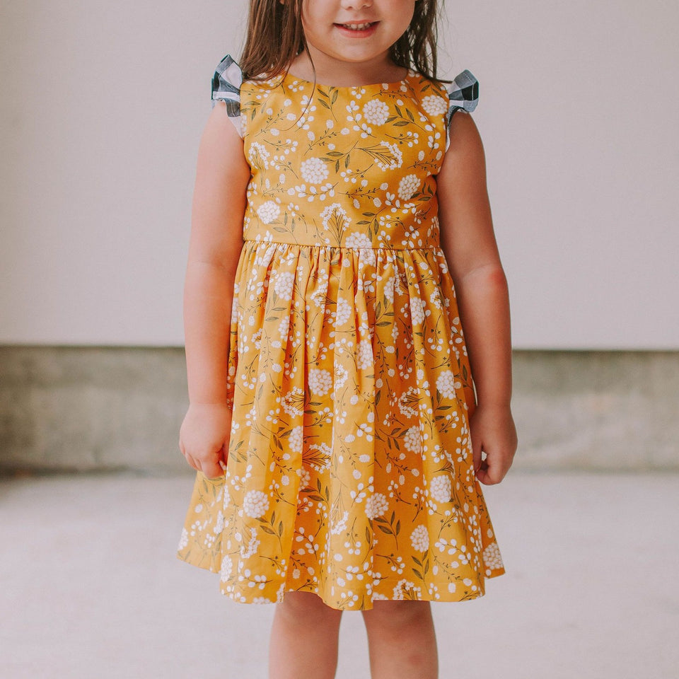 Little Girl's Yellow Floral Twirl Dress with Contrasting Flutter Sleeves