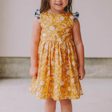 Little Girl's Yellow Floral Twirl Dress with Contrasting Flutter Sleeves