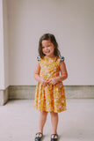 Little Girl's Yellow Floral Twirl Dress with Contrasting Flutter Sleeves
