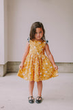 Little Girl's Yellow Floral Twirl Dress with Contrasting Flutter Sleeves
