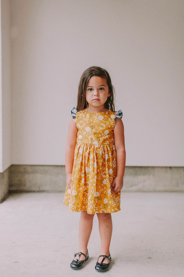 Little Girl's Yellow Floral Twirl Dress with Contrasting Flutter Sleeves