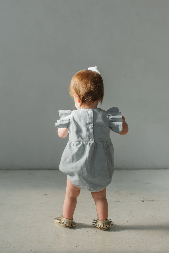 baby girl's pale blue flutter sleeve romper
