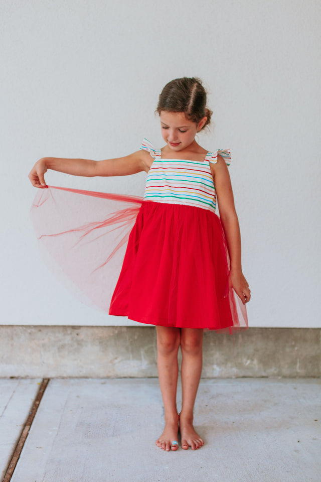 Little Girl's Rifle Paper Rainbow Stripe Cotton Dress with Tulle Skirt