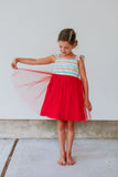 Little Girl's Rifle Paper Rainbow Stripe Cotton Dress with Tulle Skirt